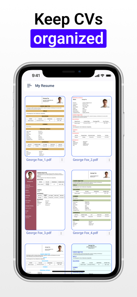 Resume Maker: CV Creator - Una interfaz móvil que muestra documentos de CV y currículums organizados guardados como archivos PDF.
