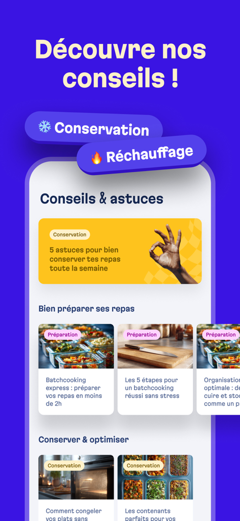 Basta app interface showing meal prep tips, food storage advice, and batch cooking guides.