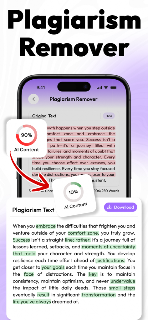 Humanize AI : Text Humanizer - Interface showing AI content detection score decreasing from 90 percent to 10 percent using the plagiarism remover tool.