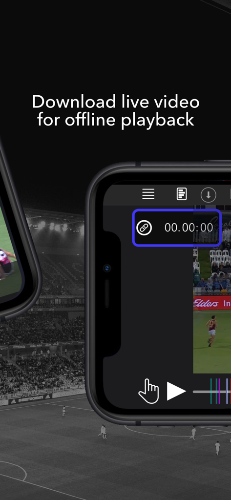 Piston - Smartphone screen showing the Piston app interface for downloading and playing live sports video offline