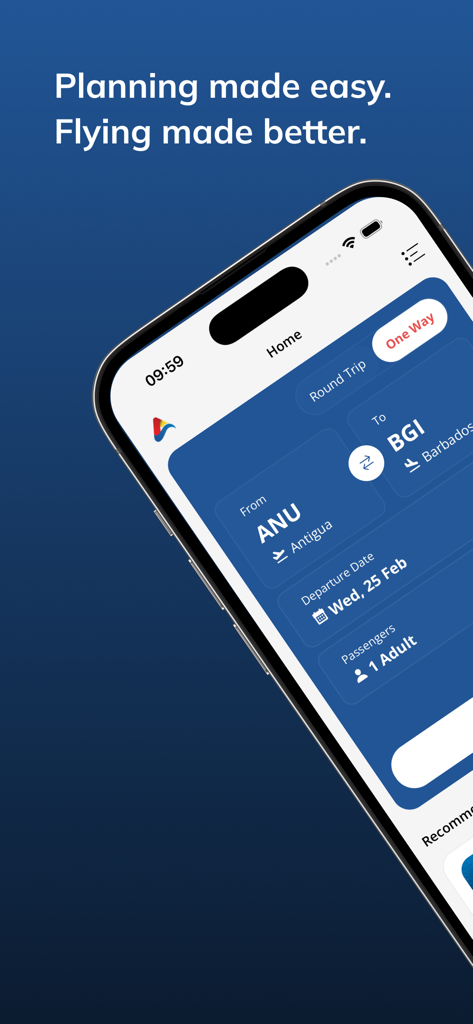 Liat Air 모바일 앱 인터페이스에서 앤티가에서 바베이도스까지의 항공편 예약 표시