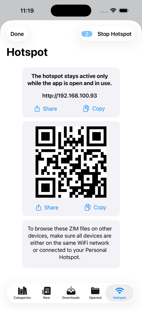 Kiwix app interface showing a QR code and instructions to share offline content with other devices via a local hotspot.