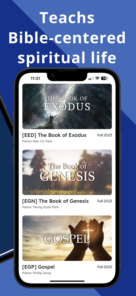 Uma tela de smartphone exibindo cursos de estudo bíblico para Êxodo e Gênesis no aplicativo Good News Theology.