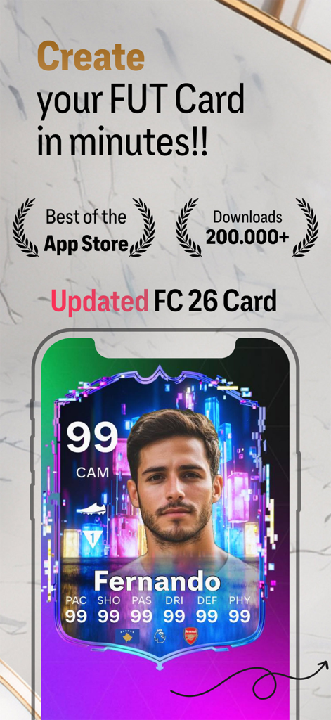 Design personalizzato di una carta giocatore con valutazione 99 nell'app Creatore di Carte FC 26