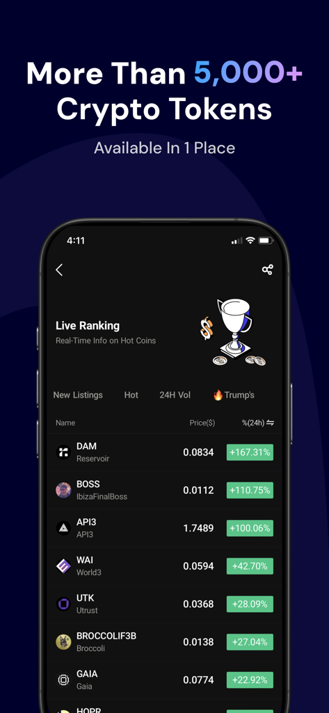BitKan: Buy Bitcoin & Crypto - Interfaz de la aplicación BitKan que muestra clasificaciones en vivo para miles de tokens de criptomonedas.