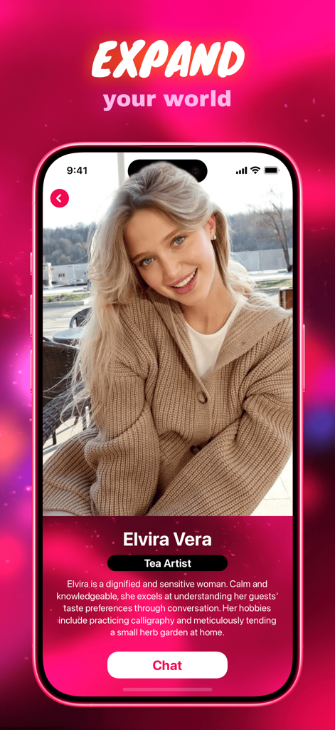 Lukin - Chat & Bliss - A mobile screenshot showing the AI character profile of Elvira Vera in the Lukin chat app