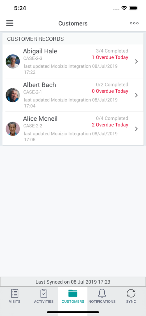 The customer records screen of the Access Care Planning app showing a list of patients with task completion status.