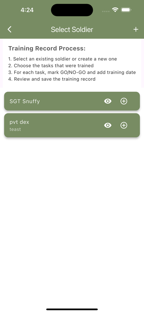 Select soldier screen in the EIB Expert Infantry Badge app showing training record instructions and a list of soldiers.