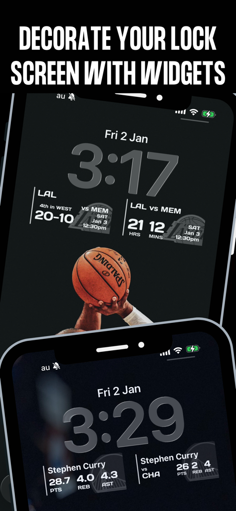 Basketball player and team stats widgets on an iPhone lock screen.
