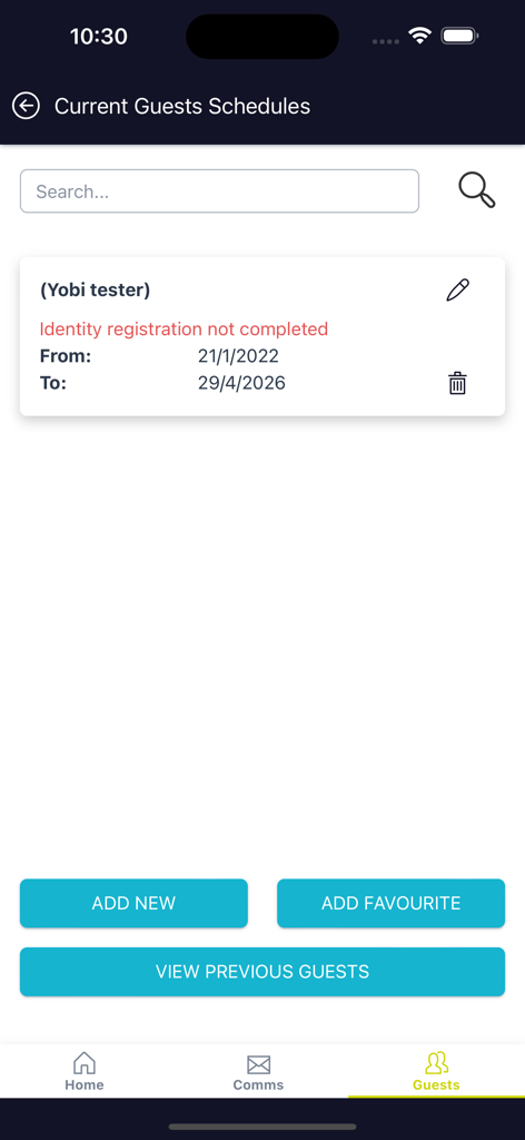 AIVA - AI Driven Safety 3.0 - Interfaz de la aplicación AIVA que muestra los horarios actuales de invitados y las opciones de gestión de acceso