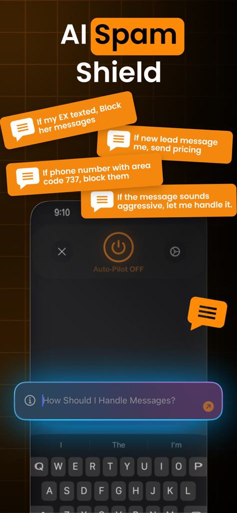 Temp Number - Temphone - KI-Spam-Schutz-Oberfläche in der Temphone-App, die benutzerdefinierte Nachrichtenbehandlung und automatisierte Blockierungsregeln anzeigt.