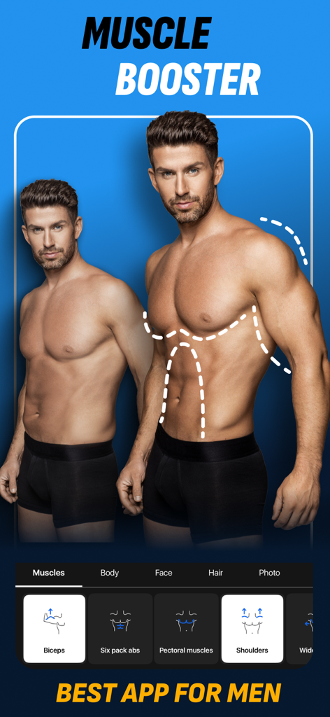 Before and after comparison of a man's body showing muscle enhancement using the muscle booster feature in Retouch Men app