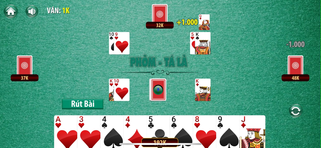 Tiến Lên - Tien Len - A gameplay screenshot of the Phom Ta La card game within the Tien Len mobile app showing a player hand and a green card table