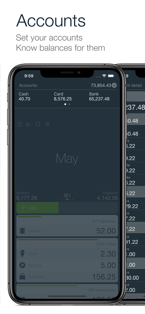 Money - Track easily - Screenshot of the Accounts screen showing cash card and bank balances in the Money app
