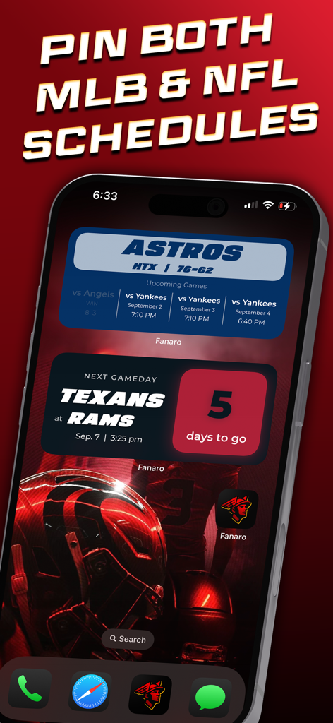 Fanaro: Sports Widgets - Pantalla de inicio de iPhone que muestra widgets de horario deportivo de MLB y NFL para los Astros y Texans