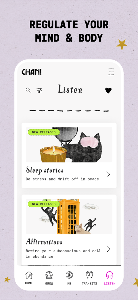 CHANI app interface showing sleep stories and affirmations to regulate mind and body