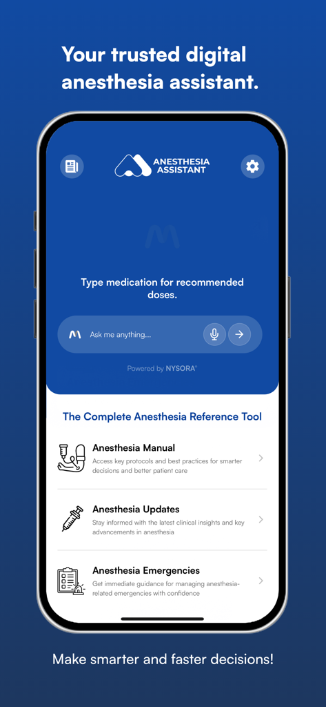 NYSORA Anesthesia Assistant app home screen showing search for medications and clinical reference tools
