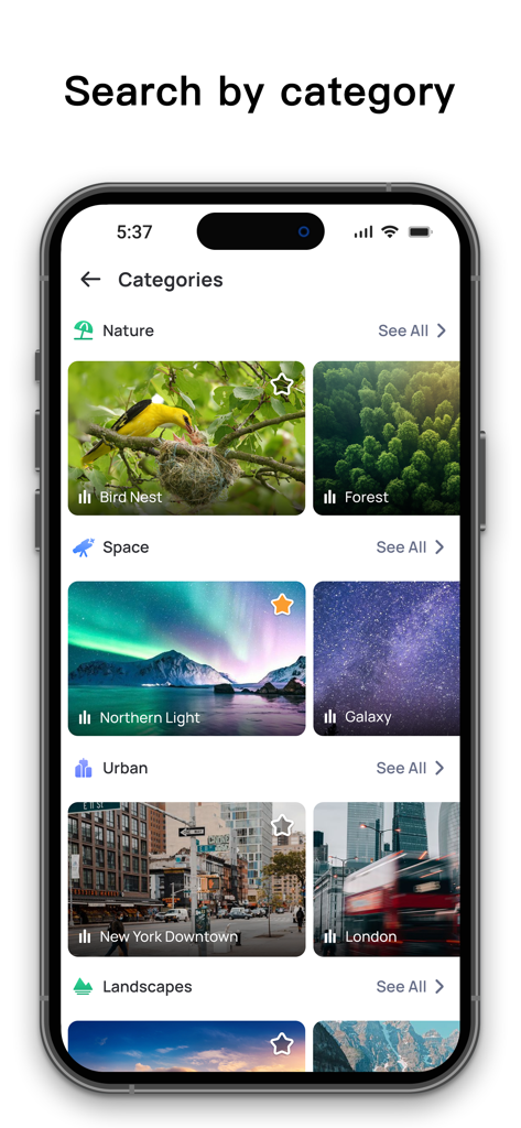 Interface of the Live Earth Camera app showing searchable categories like Nature Space and Urban for live street view feeds