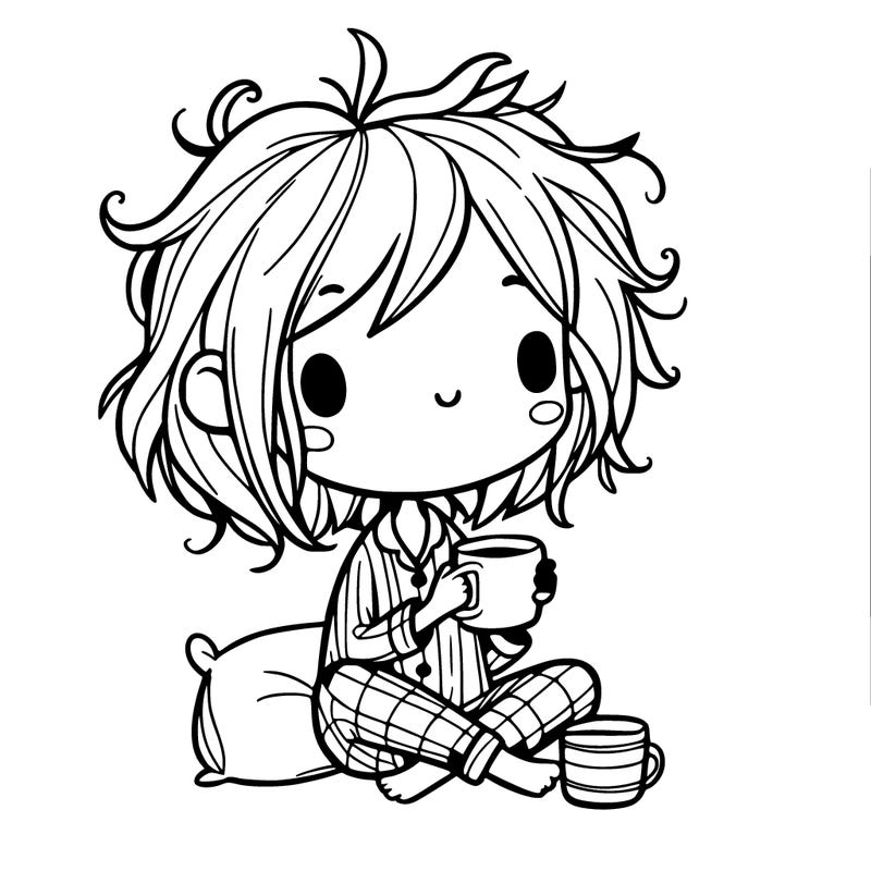 realistic girl with messy hair wearing pjs drinking coffee