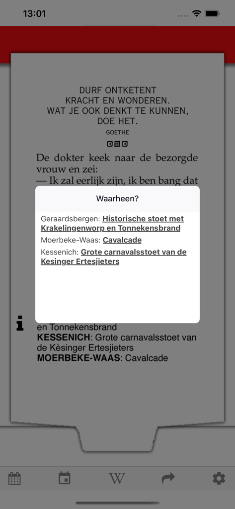 Digitale Druivelaar app interface showing a daily calendar page with a popup menu listing local events in Flanders