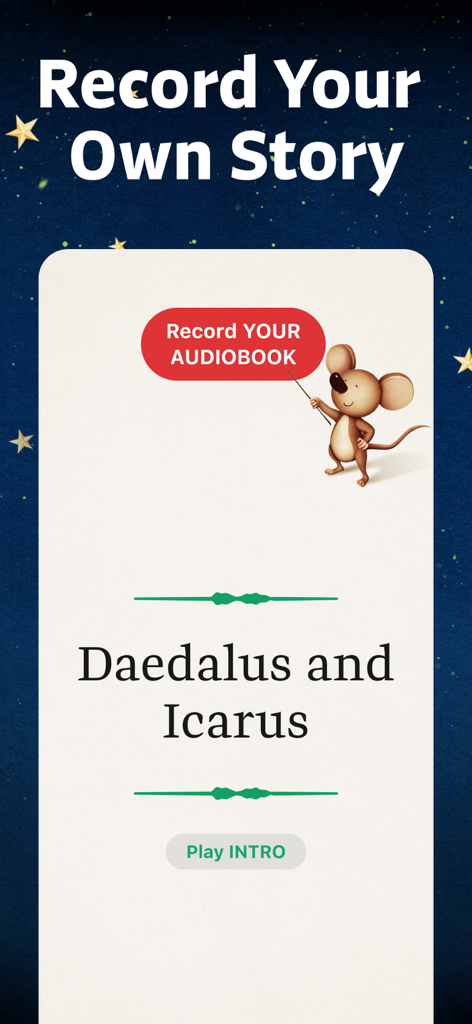 Readmio app screen showing how to record a personal audiobook of Daedalus and Icarus