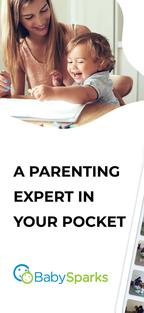 A mother and child drawing together with the text A parenting expert in your pocket and the BabySparks logo