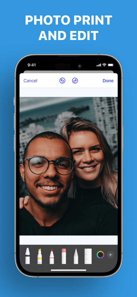 Printer App: Smart Print - Interface of the Printer App showing photo editing tools including markers and pens on a picture of a couple