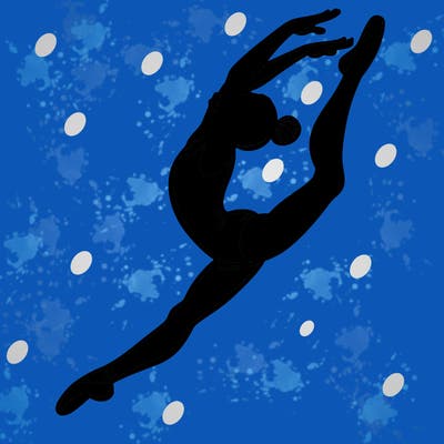 gymnast doing a leap in a leotard with a bent back leg