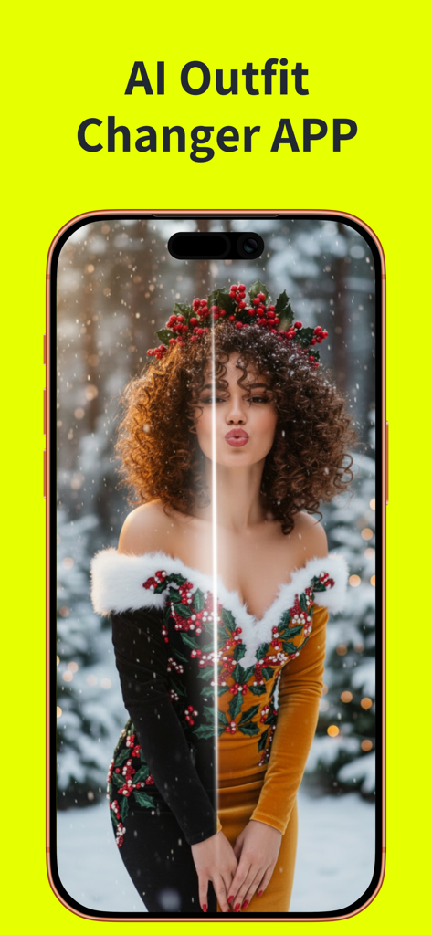 AI Clothes Changer: Outfi AI - 여성이 AI를 사용하여 휴가 복장의 색상을 변경하는 분할 화면을 보여주는 스마트폰