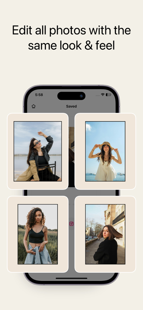 PanoCut: Panorama Scroll Maker - A phone screen displaying four photos with a consistent look and feel using the PanoCut photo editor.