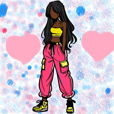 girl in baggy pants crop top and long hair