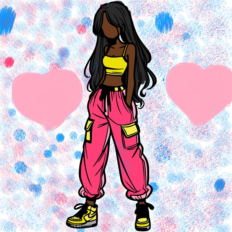 girl in baggy pants crop top and long hair