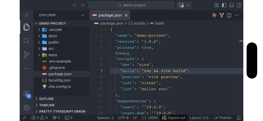 CodeMan - VS Code Browser - CodeMan app interface showing a VS Code environment with a package json file open on a mobile device