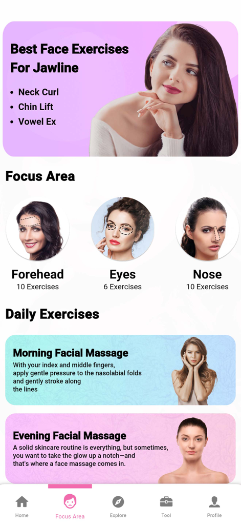 Interface of the Jawline Exercises and Face Yoga app showing focus areas for forehead, eyes, and nose along with daily massage routines.