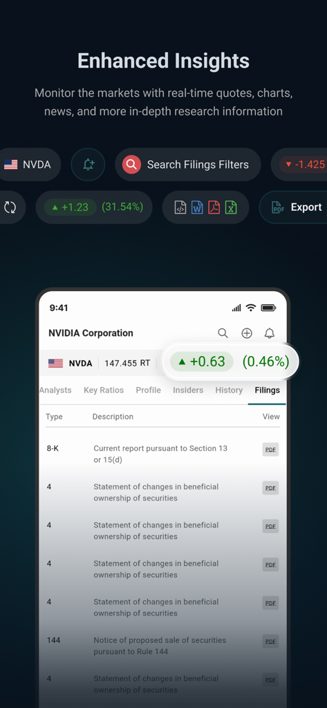 TMX PowerStream Mobile - A mobile interface of TMX PowerStream showing stock market filings and real-time insights for NVIDIA Corporation.