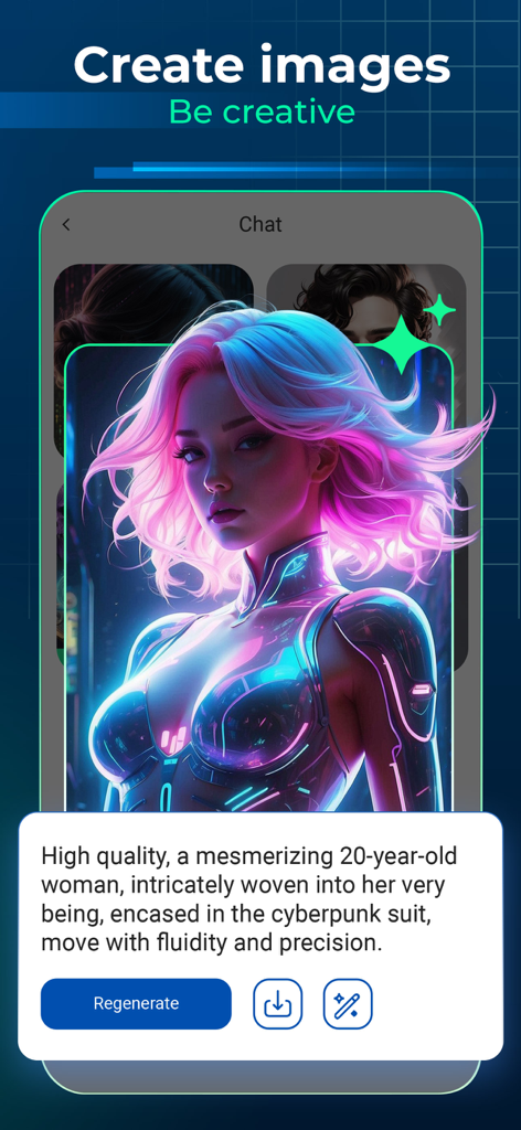 AI Chat PDF - Office docs bot - AI image generation feature showing a cyberpunk woman created from a text prompt