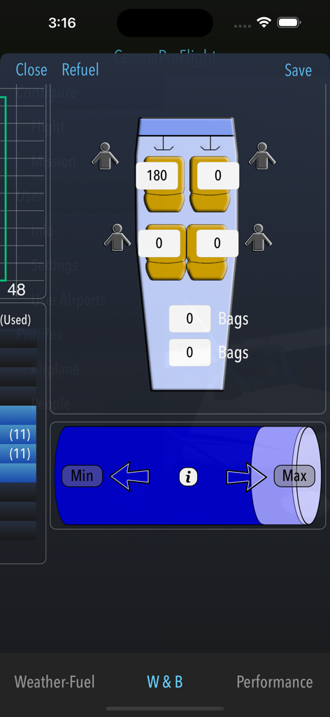 Cessna 172 weight and balance calculator screen showing seating layout and passenger weight input fields