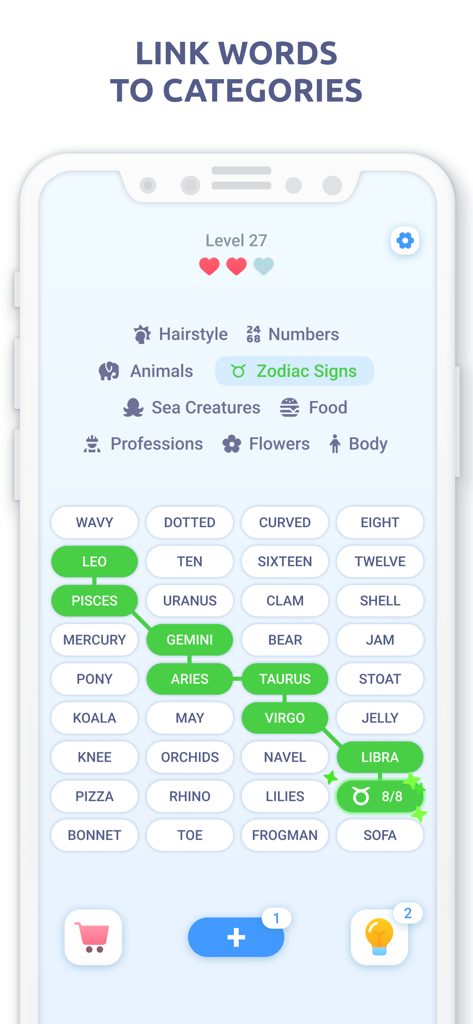 A screenshot of the Associations Word Connections game showing words like Leo and Pisces linked under the Zodiac Signs category.