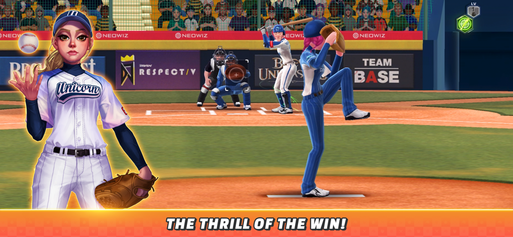 Baseball Clash: Real-time game - In-game screenshot of Baseball Clash showing a pitcher on the mound and a character in a Unicorn uniform