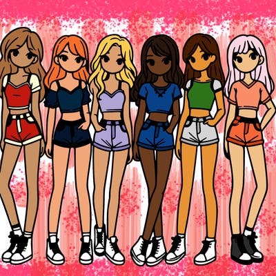 a group of girls wearing crop tops and shorts