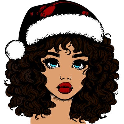 realistic girl with a santa hat curly hair and lips