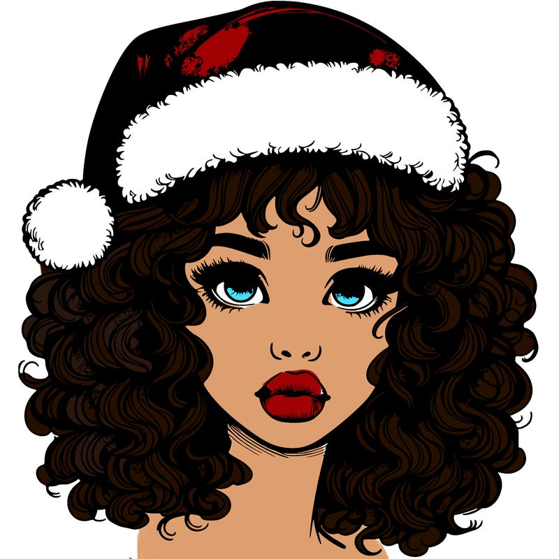 realistic girl with a santa hat curly hair and lips
