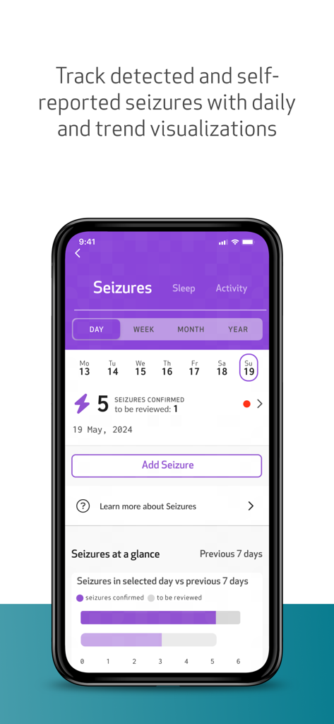 EpiMonitor by Empatica - EpiMonitor app interface displaying daily seizure logs and a comparative trend chart for epilepsy management.