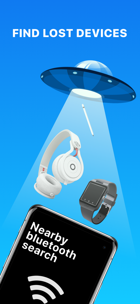 Find Device - bluetooth finder - Una ilustración que muestra un rayo OVNI escaneando objetos perdidos como auriculares y smartwatches sobre un teléfono ejecutando la aplicación Find Device