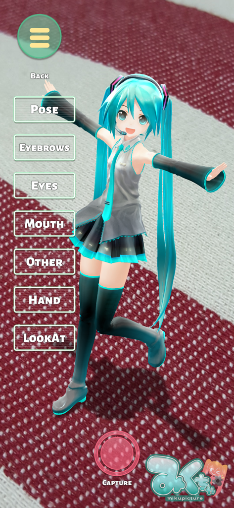 Hatsune Miku AR model customization screen in the Mikuture app