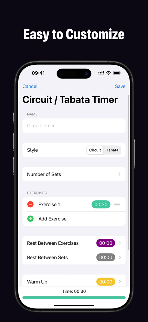 Interval Timer - Tabata HIIT - Setup screen for creating a custom circuit or Tabata workout timer