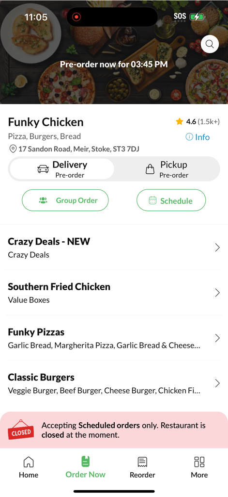 Funky Chicken Meir - Home screen of the Funky Chicken Meir app showing menu categories for pizza burgers and chicken with delivery and pickup options