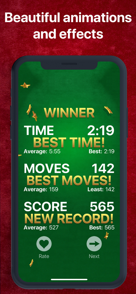 Victory screen of a solitaire game showing best time, moves, and score records with golden star animations.