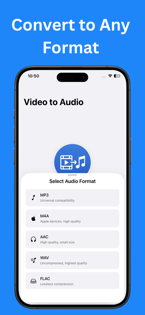 Audio format selection screen in the video to mp3 converter app featuring MP3 M4A AAC WAV and FLAC options