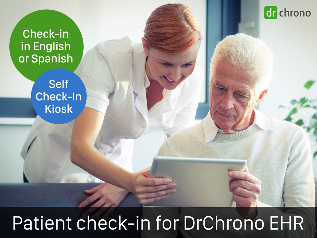 Medical staff helping a senior patient use the DrChrono digital check in app on an iPad